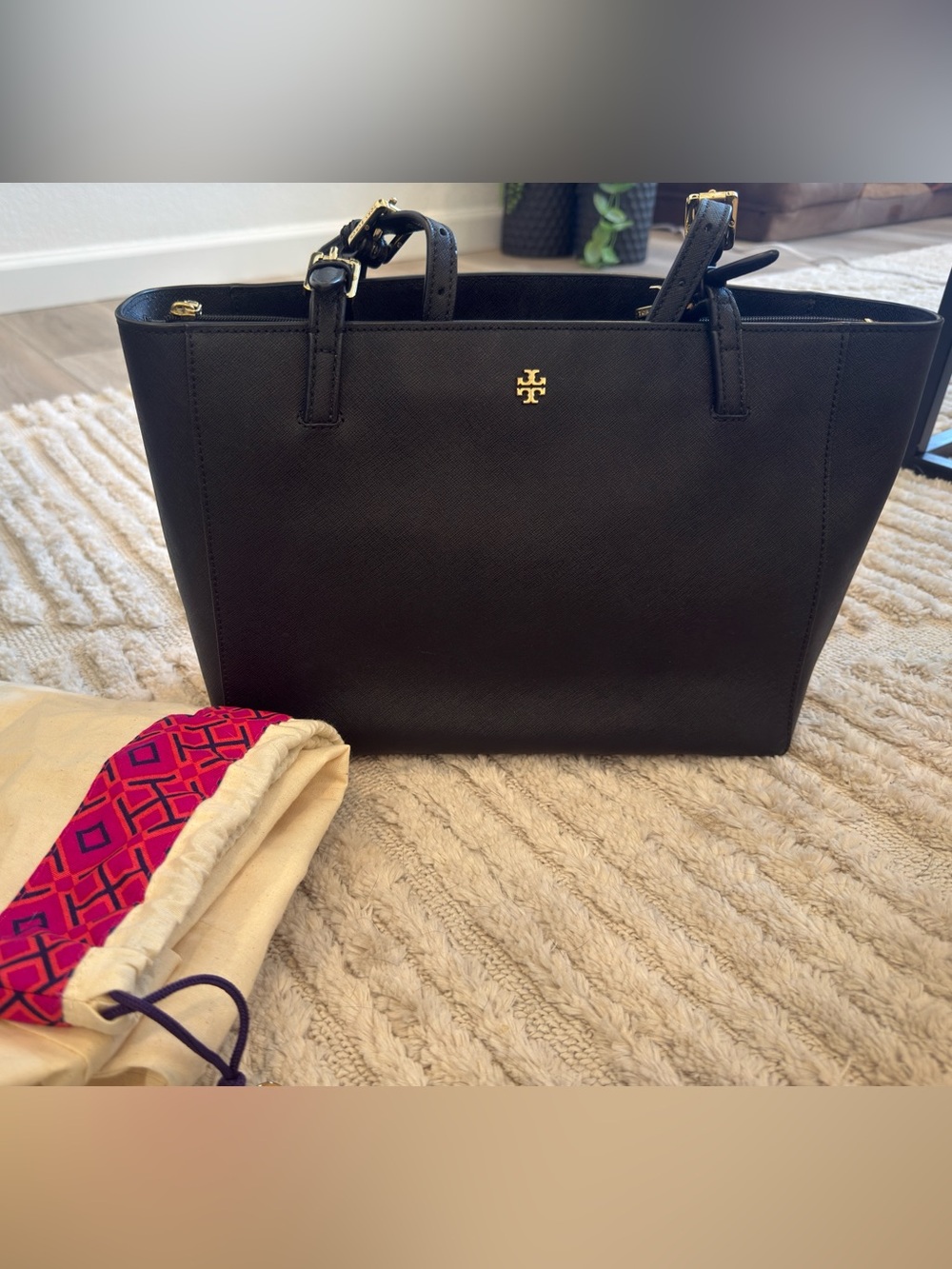 Tory Burch Black Leather Logo Tote with Gold Hardware and dust bag